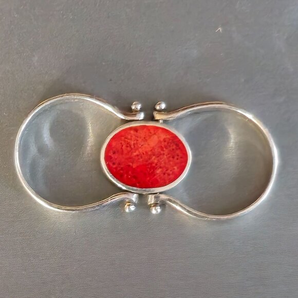 Sterling Silver Reversible Inlay Set Oval Red Coral & Turquoise Ring Size 7.75 - Picture 5 of 15